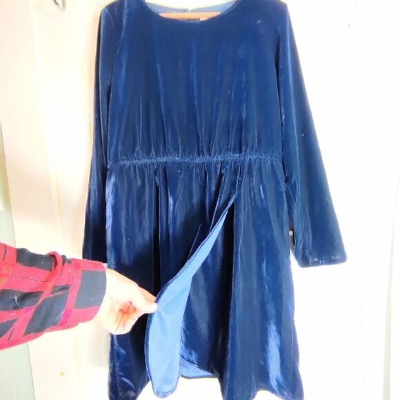 Velvet Faux Wrap Dress Navy Blue Vintage J Crew Tulip Hem Long Sleeve Midi Sz 14 - Picture 8 of 9